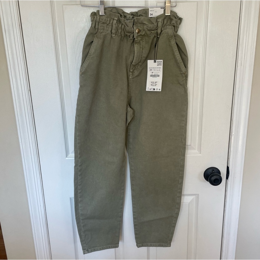 NWT Zara Women’s Size 2 Olive Green High-Waisted Paperbag Pants 100% Cotton